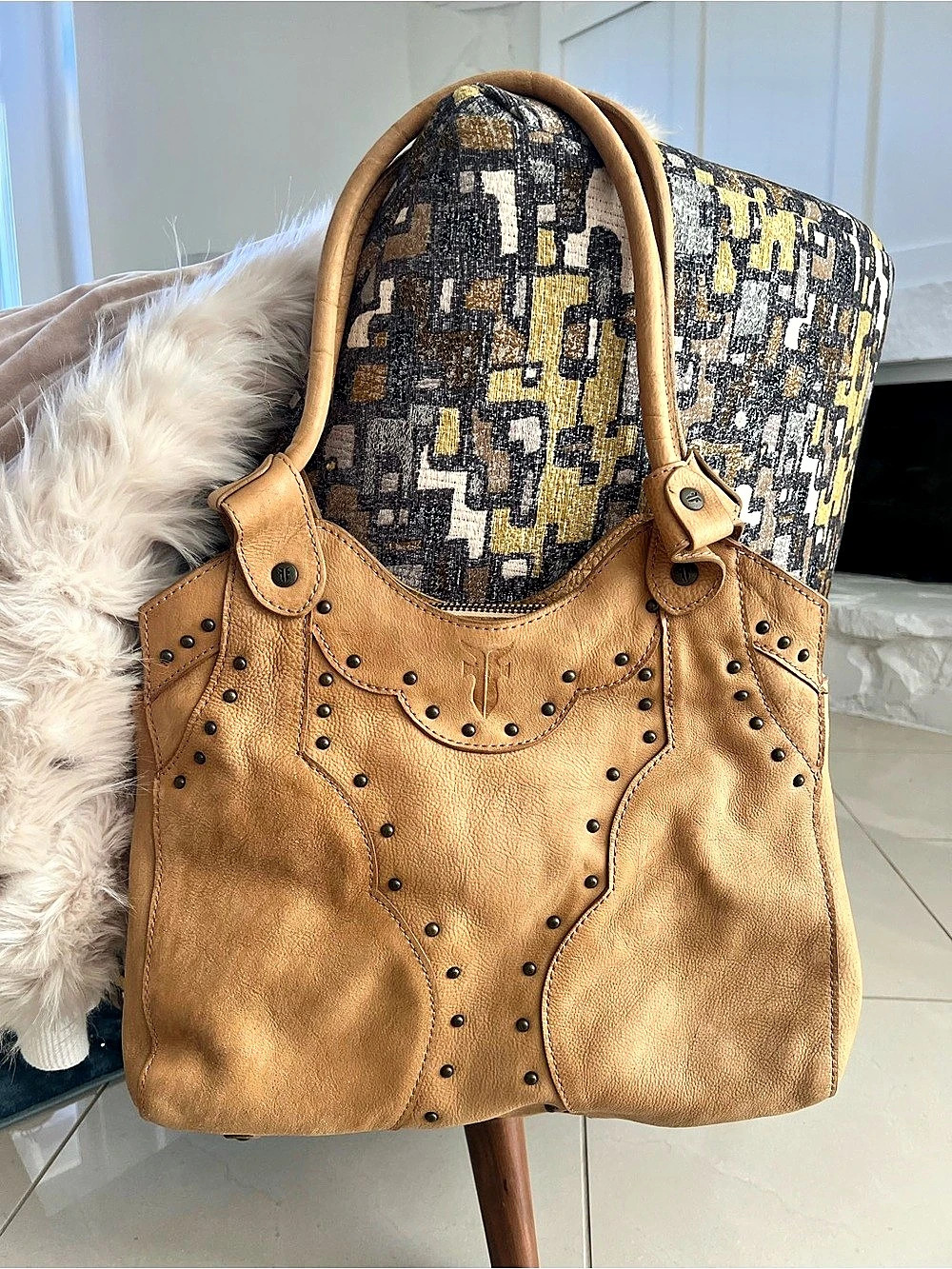 Frye Carla Studded Hobo Leather Tote in Brown & Black